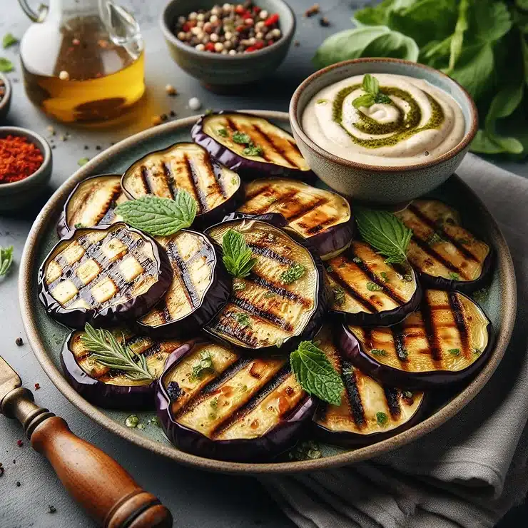 Opskrift på grillet aubergine med tahini dressing
