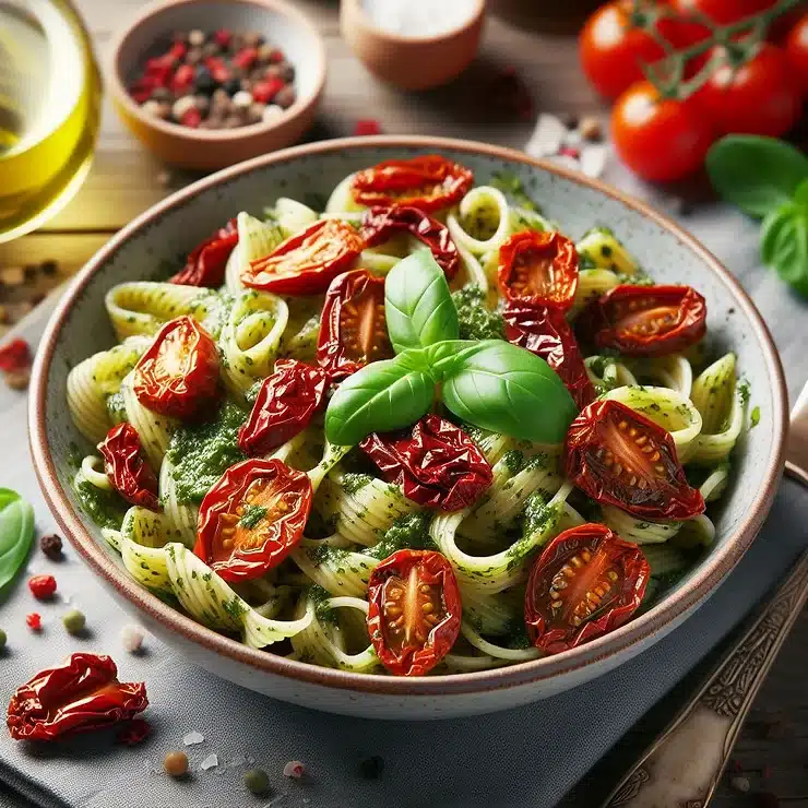 Pesto Pastasalat med soltørrede tomater