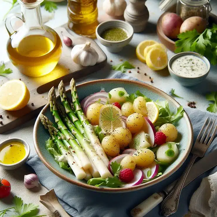Salat med hvide asparges, nye kartofler og citrondressing