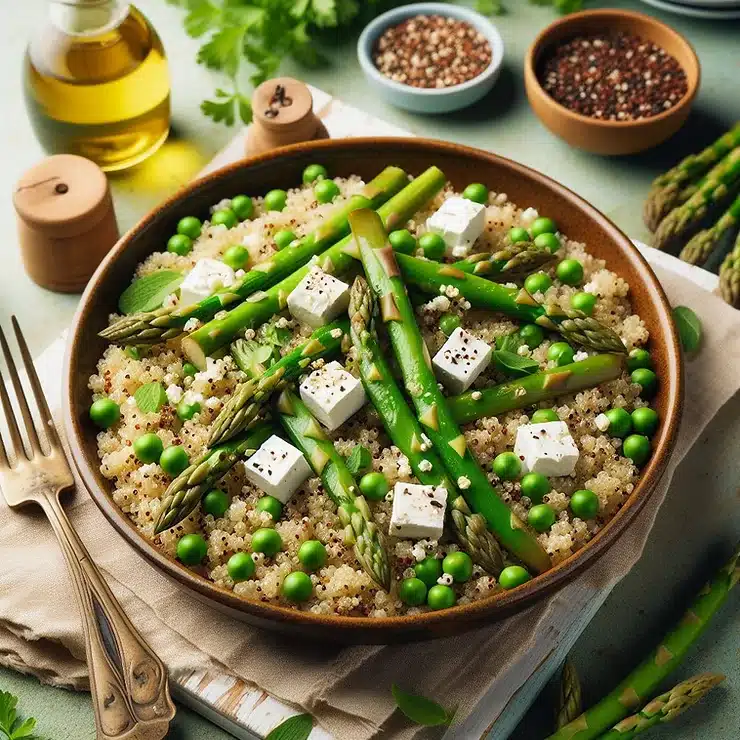 Opskrift på quinoa salat med asparges, ærter og feta
