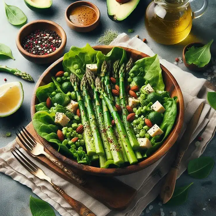 Opskrift på grøn salat med asparges, avocado og vinaigrette