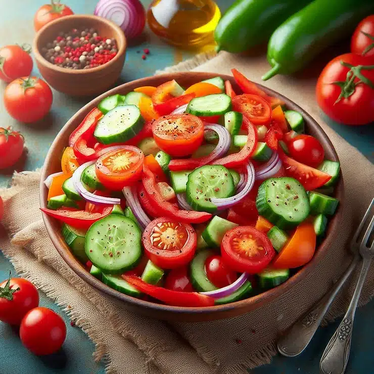 Tyrkisk Çoban salat med tomat, agurk og grøn peber