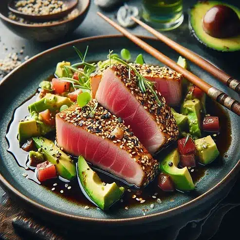 Seared tun med sesam og avocado salsa