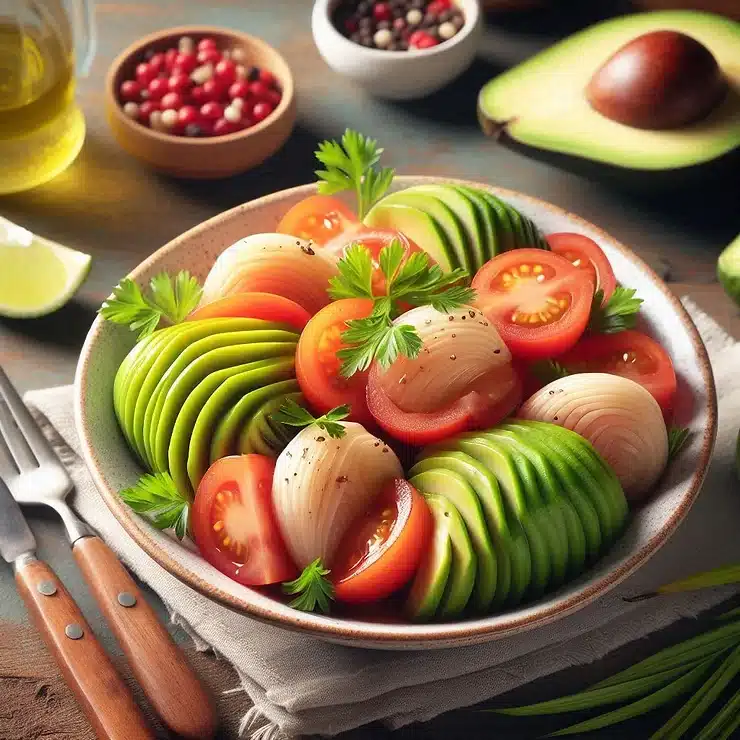Brasiliansk palmehjertesalat med avocado og tomat
