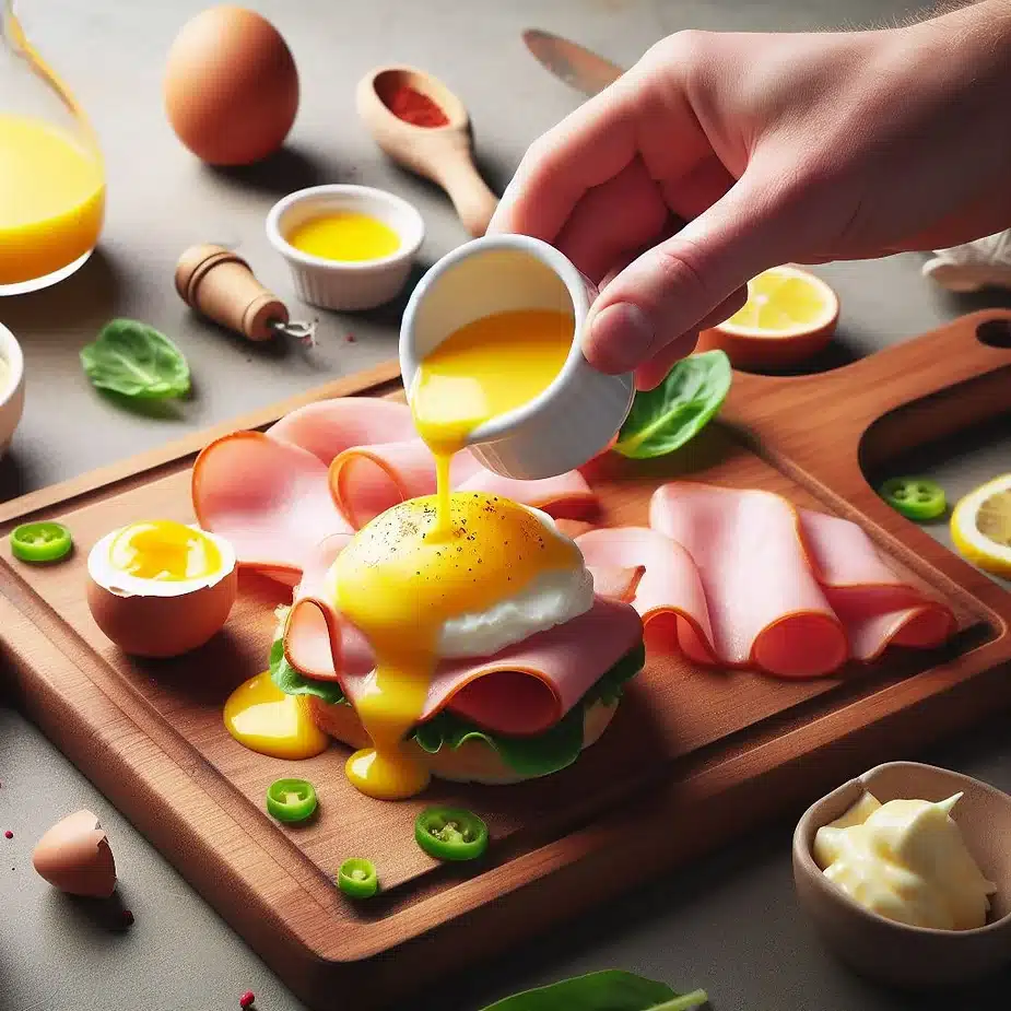 Eggs benedict med hollandaisesauce og skinke