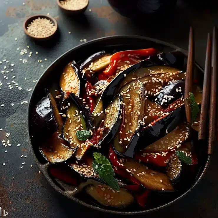 Vegetarisk krydret aubergine stir-fry med sesamfrø og sojasauce