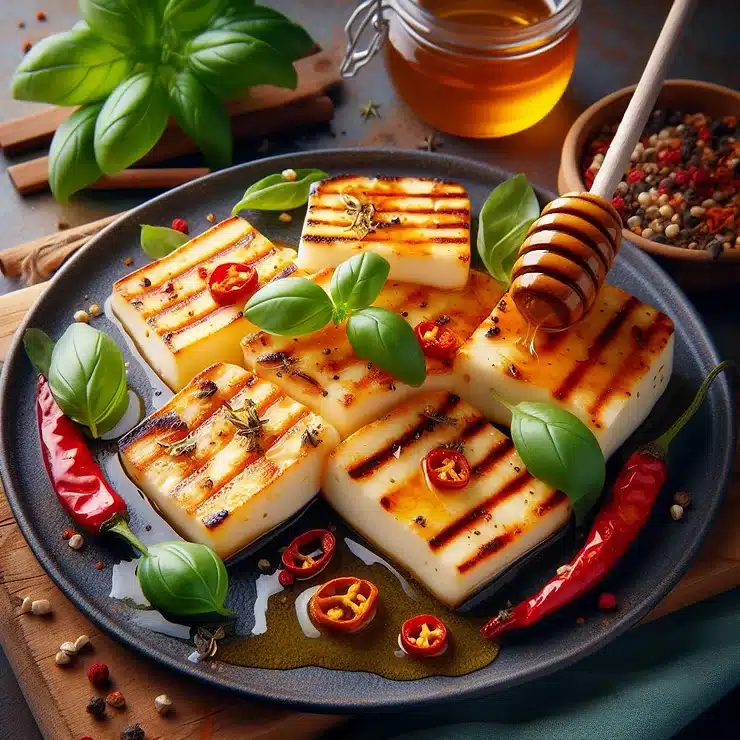 Grillet halloumi med honning og chiliflager