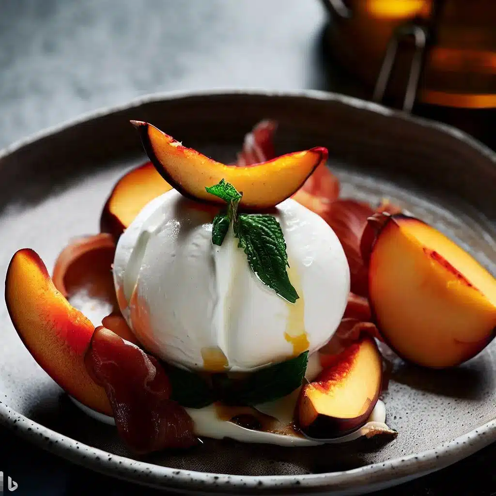 Burrata med grillet fersken og prosciutto