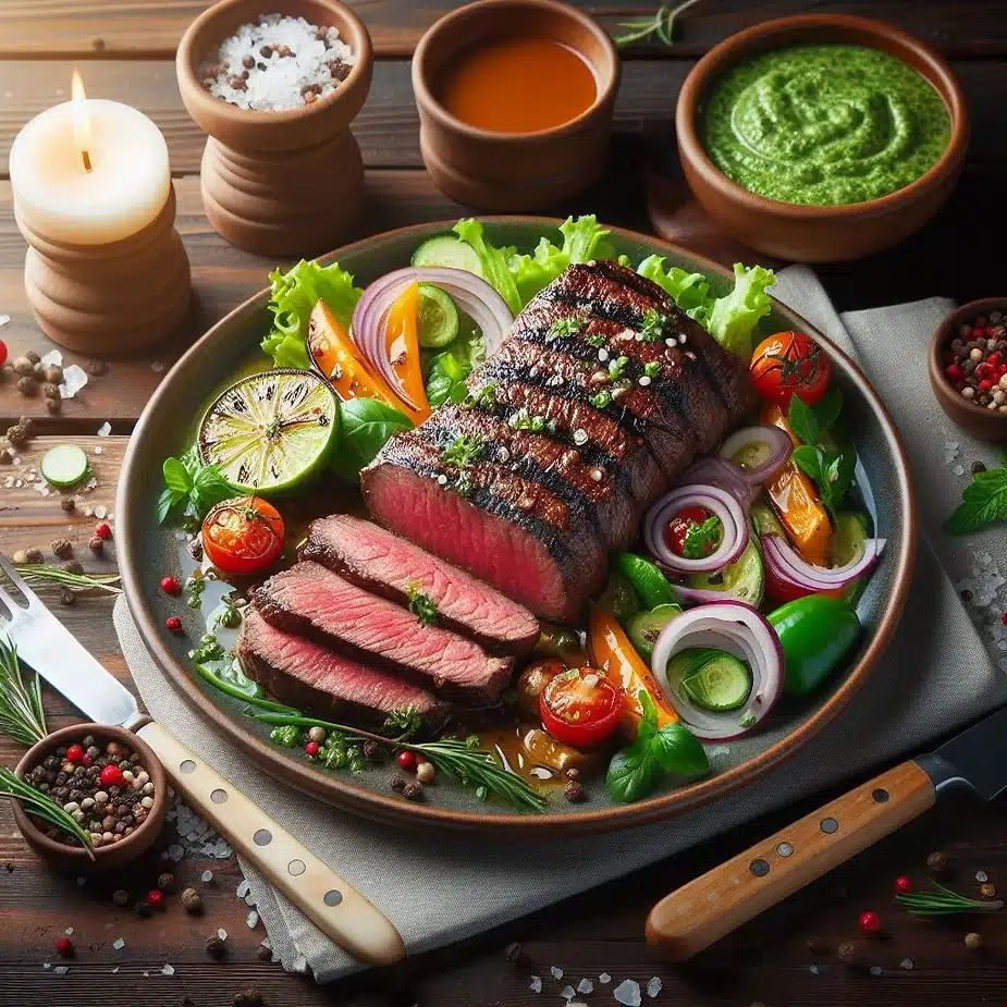 Opskrift på grillet oksemørbrad med salat og chimichurri