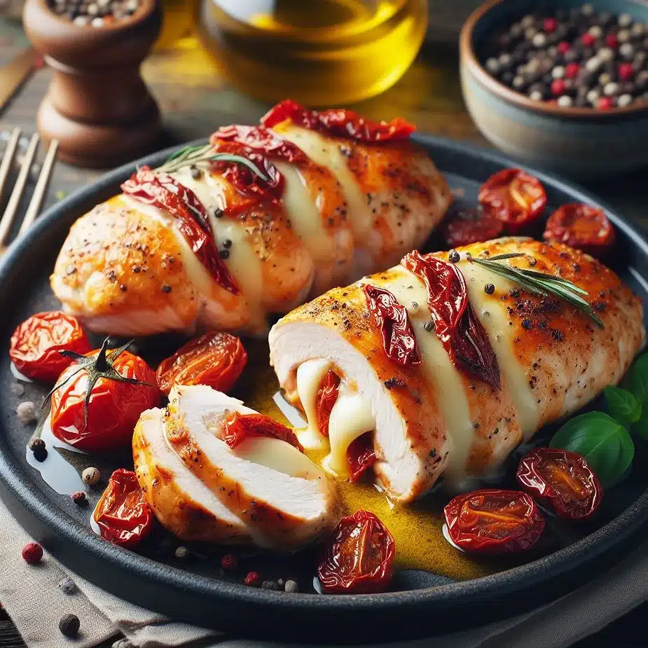 Opskrift på kyllingefilet fyldt med mozzarella og soltørrede tomater