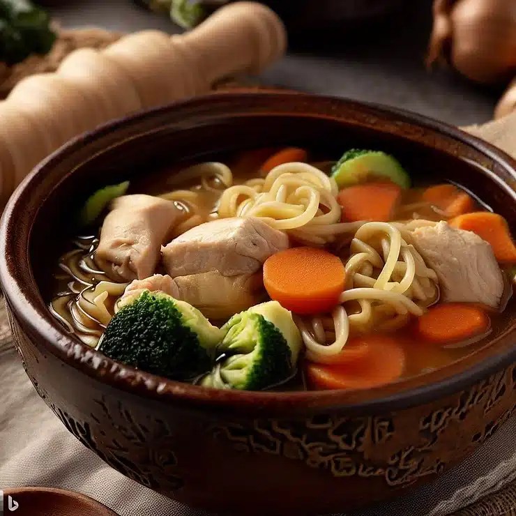 Hønsekødssuppe med grøntsager og nudler