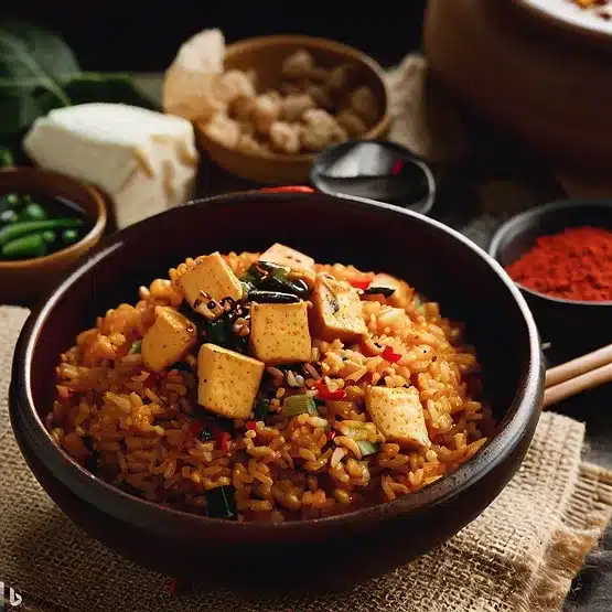 Vegetarisk kimchi fried rice med tofu og koreanske krydderier