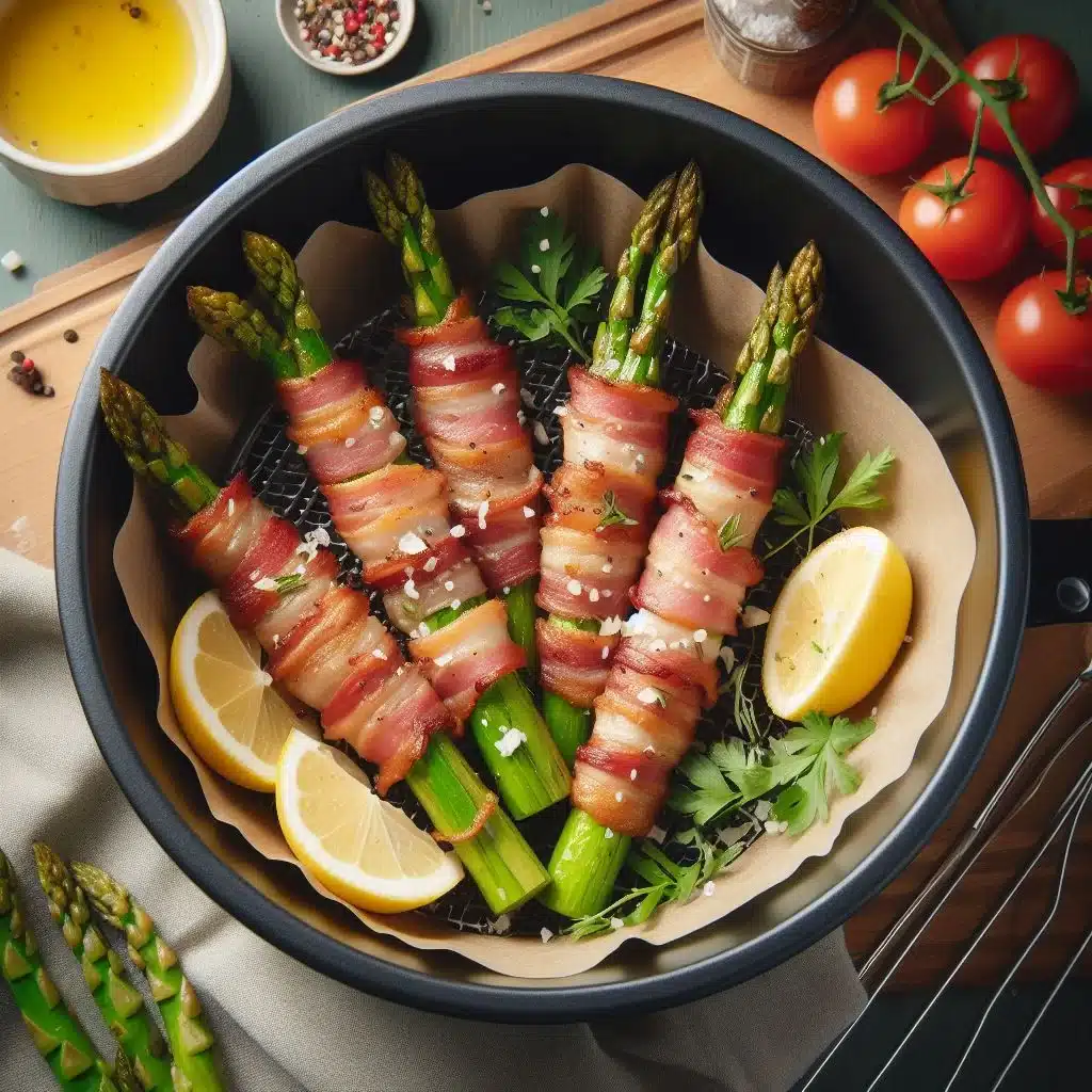 Baconindpakkede asparges i airfryer