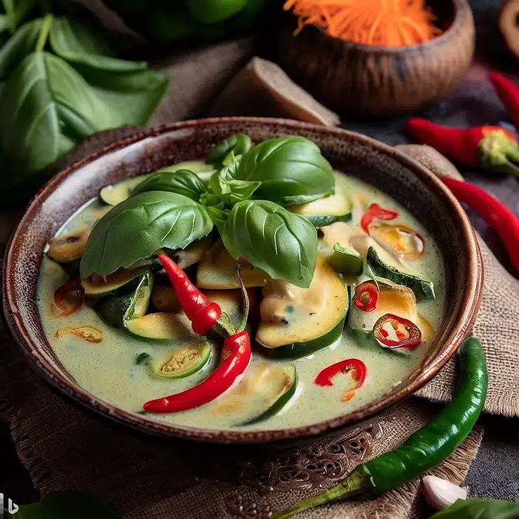 Thai grøn curry med grøntsager, basilikum og chilipeber