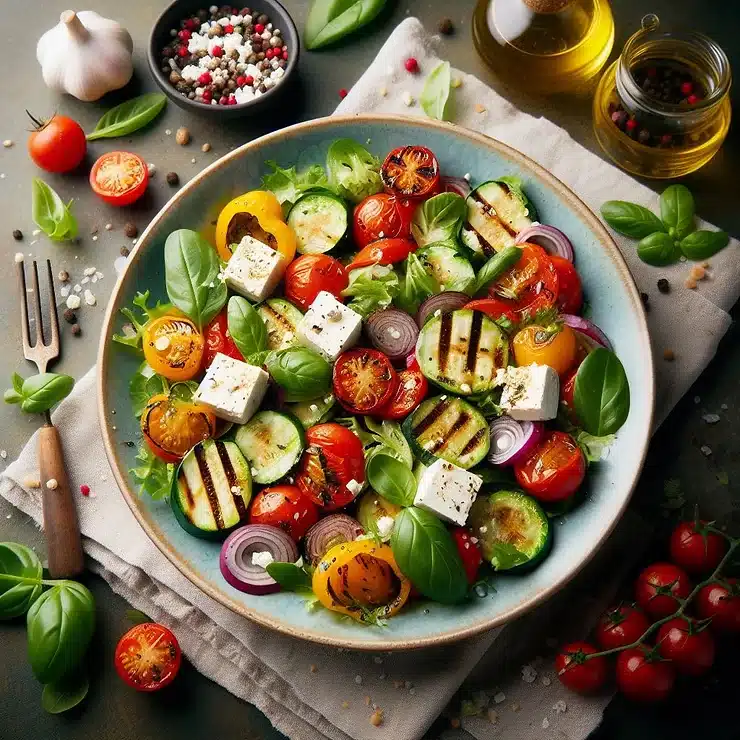Opskrift på frisk salat med grillede grøntsager og feta