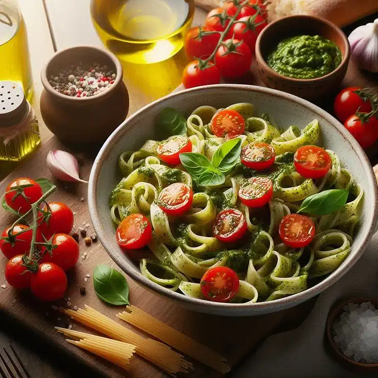 Pasta med pesto og cherrytomater