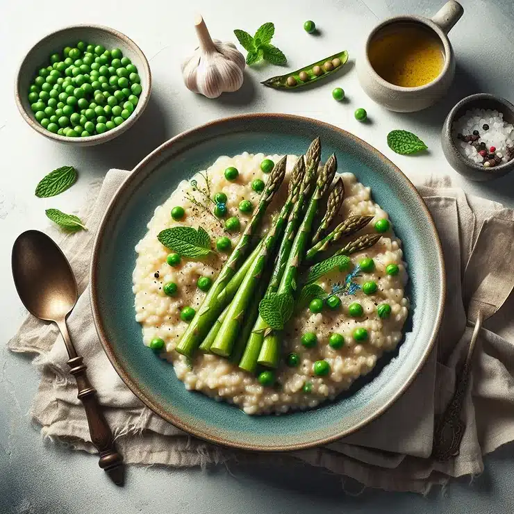 Aspargesrisotto med ærter og mynte