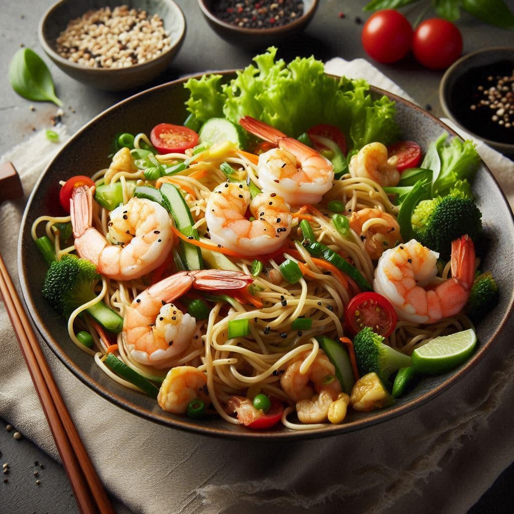 Asiatisk nudelsalat med rejer og grøntsager