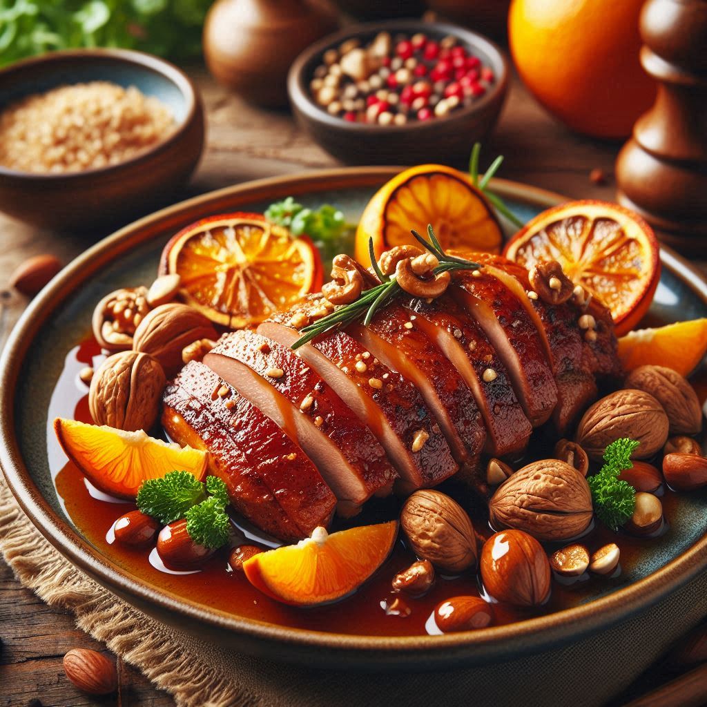 Andebryst med appelsinsauce og ristede nødder