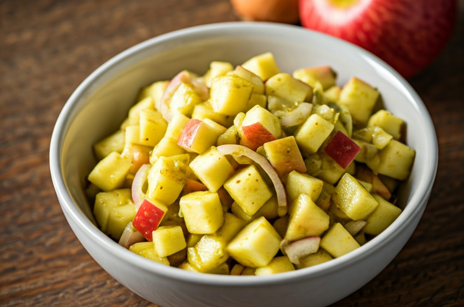 Hjemmelavet karrysalat med æble og løg