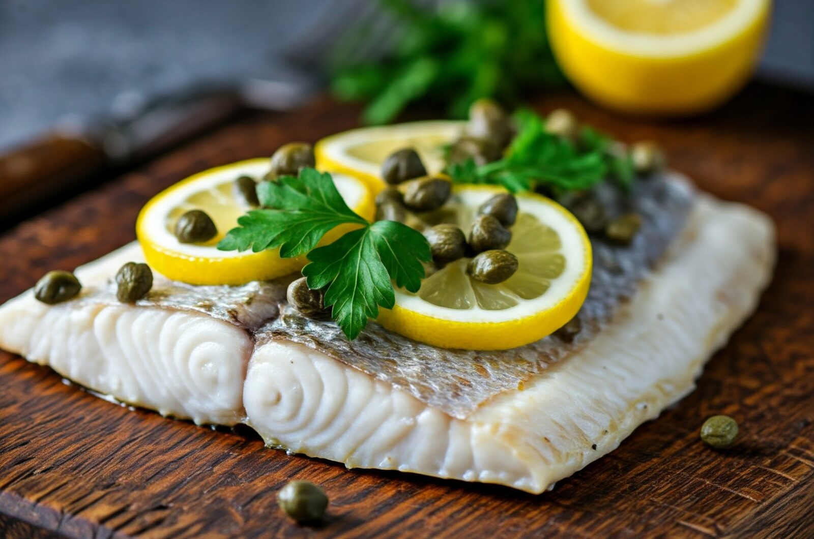 Ovnbagt havtaske med citron og kapers