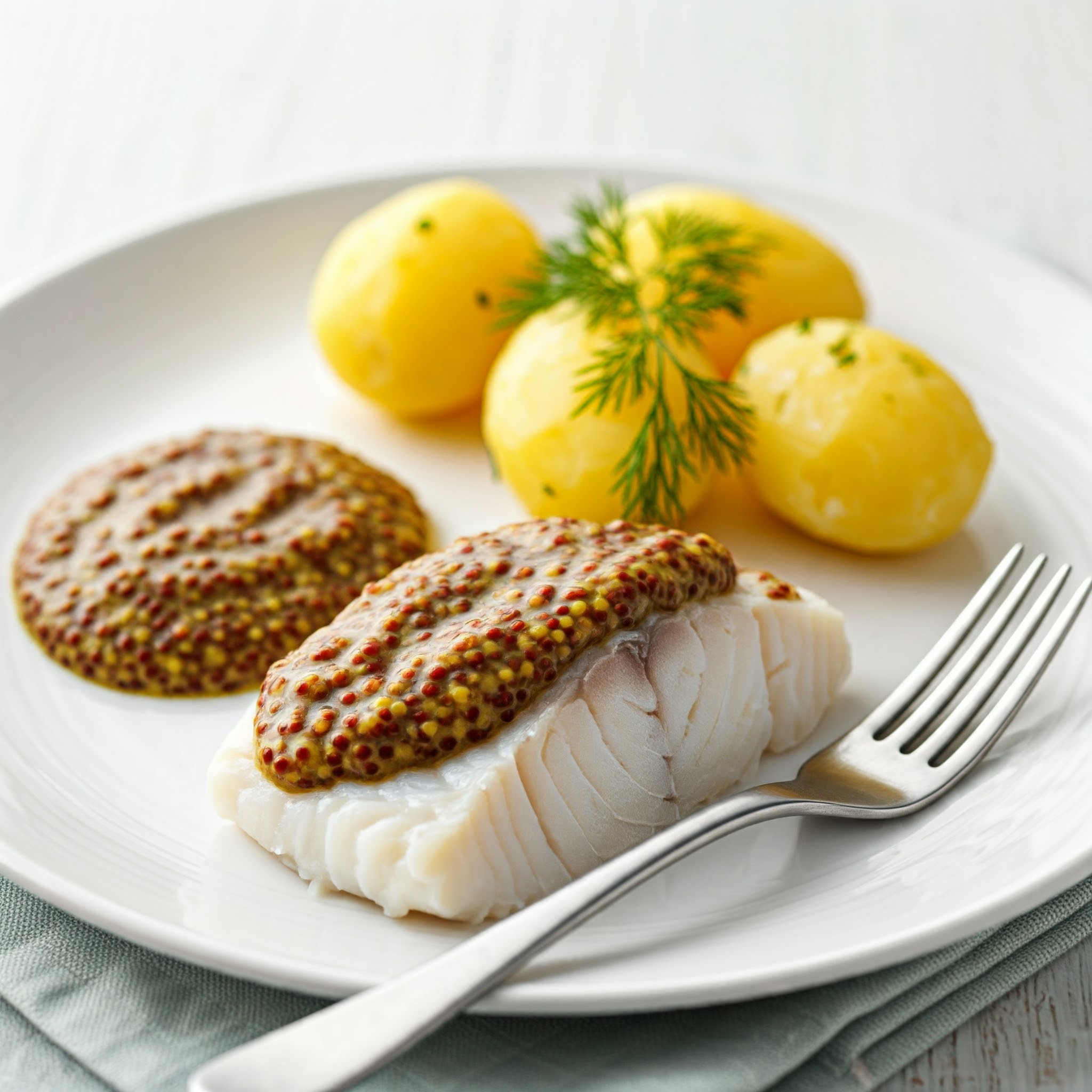 Kogt torsk med sennepssovs og kartofler