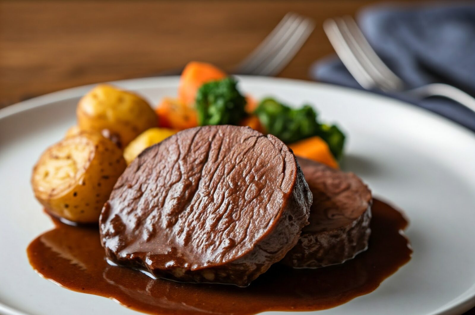 Langtidsstegt kalveculotte med rødvinssauce