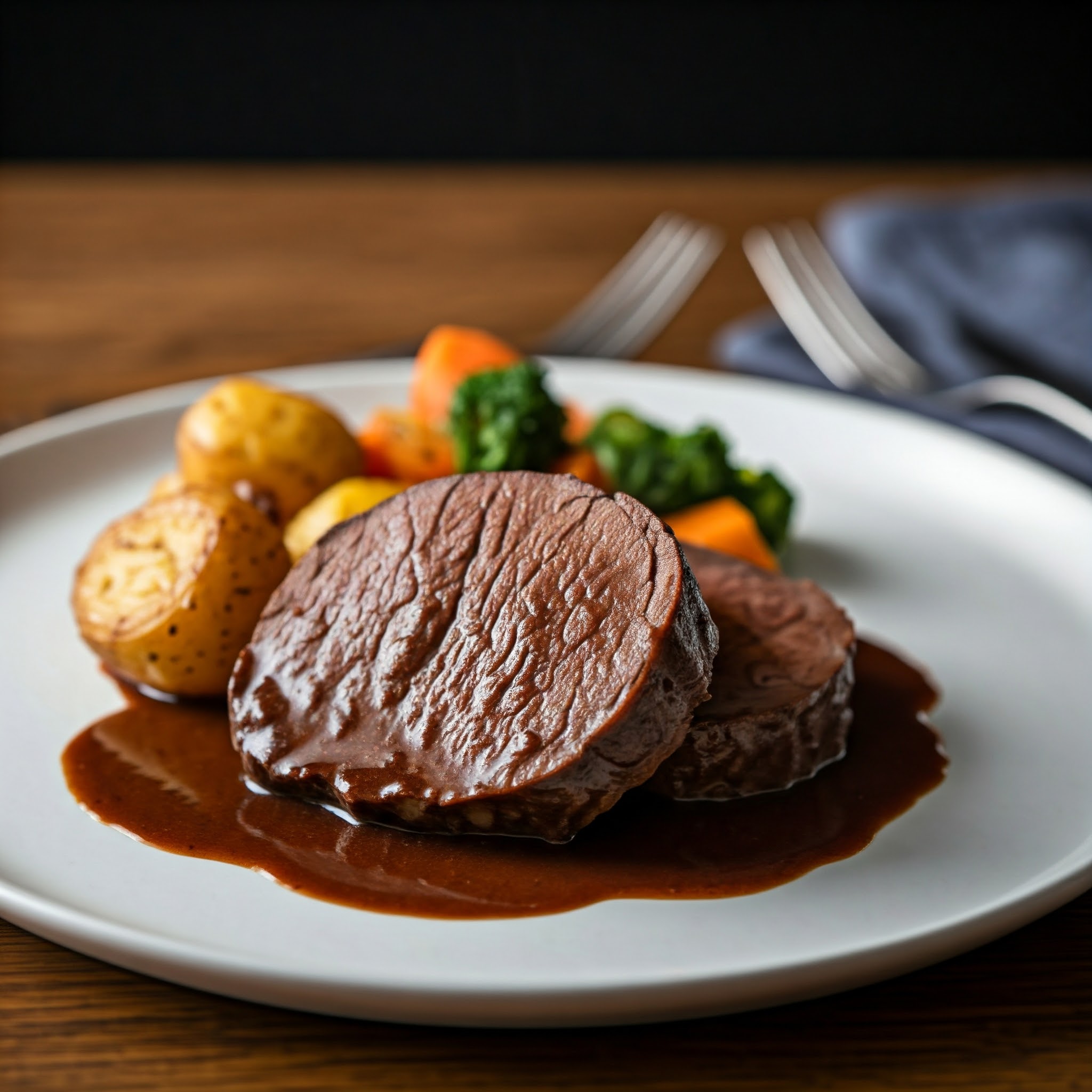 Langtidsstegt kalveculotte med rødvinssauce