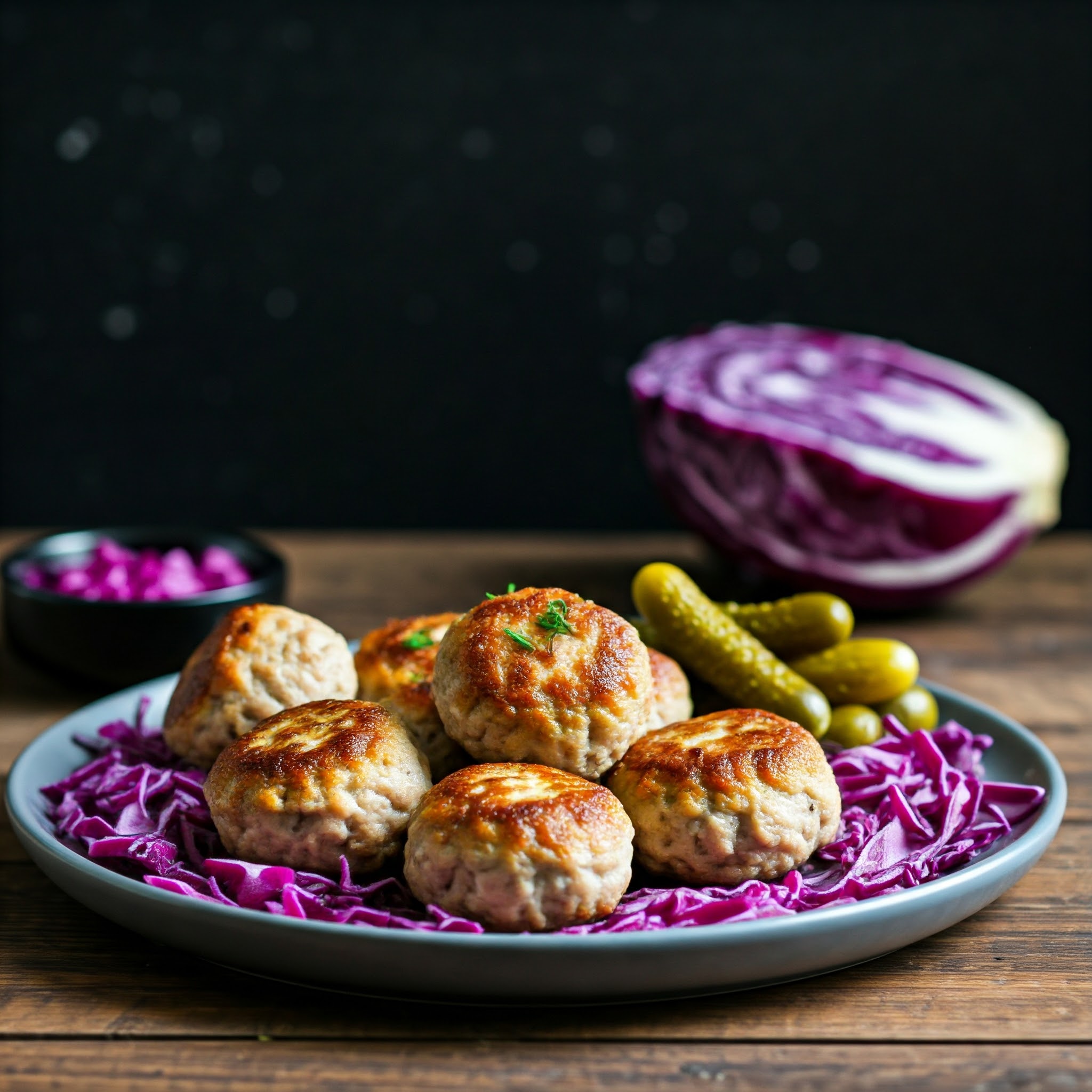 Frikadeller med rødkål og syltede agurker