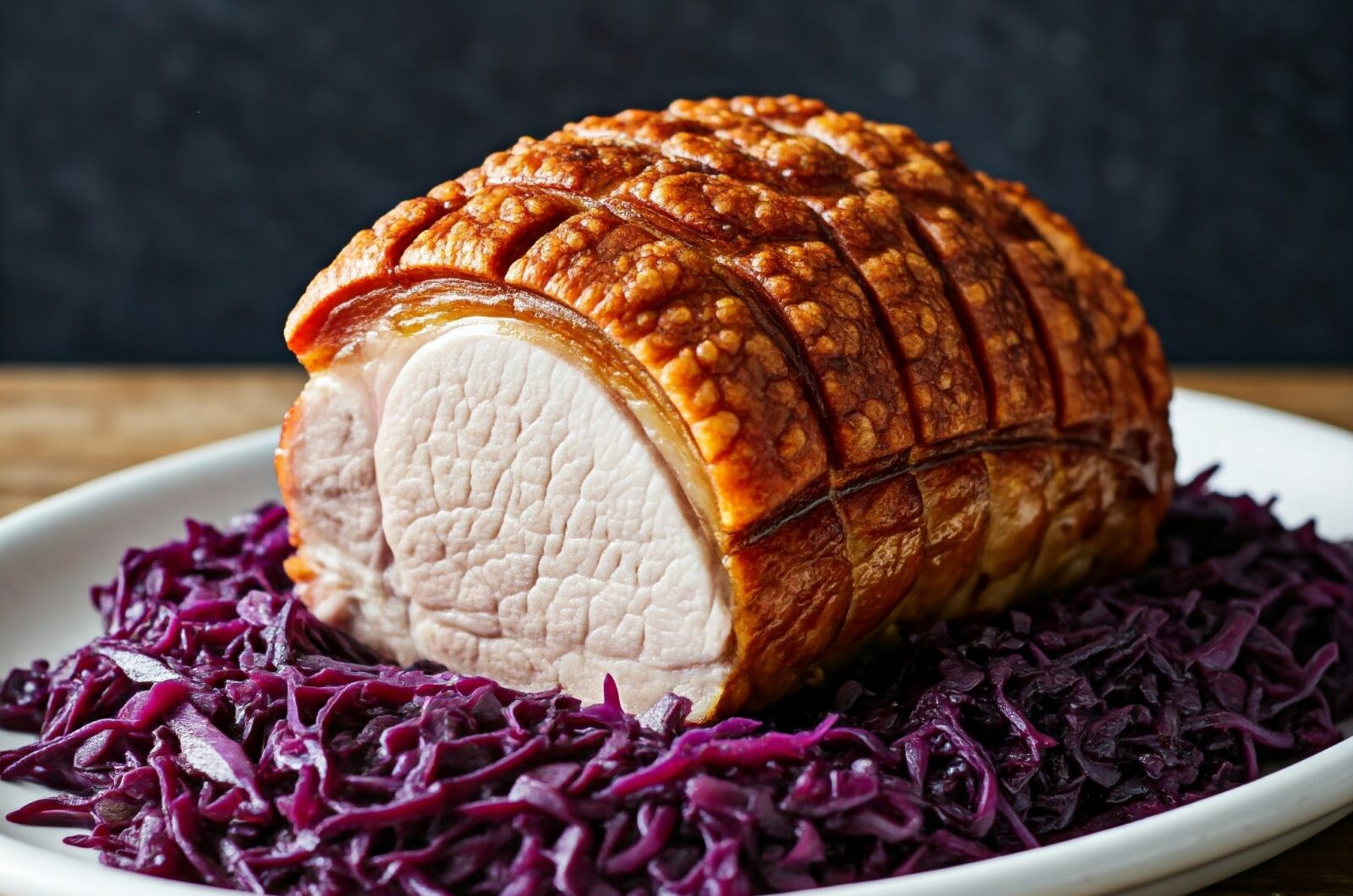 Flæskesteg med sprøde svær og rødkål