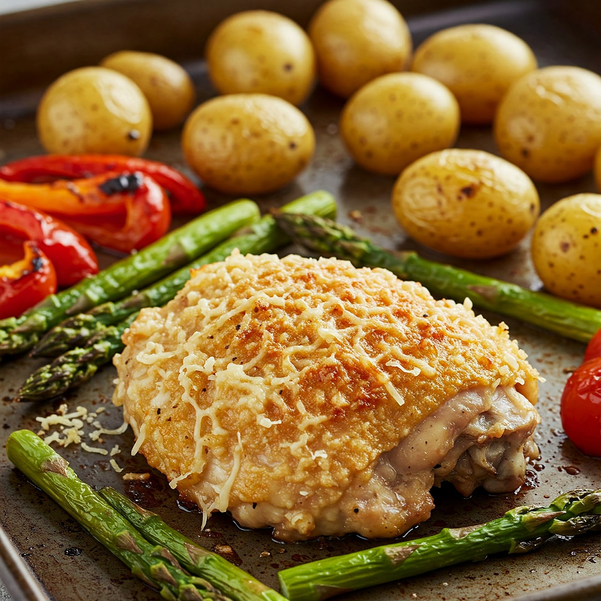 Crispy parmesan-kyllingelår med ovnbagte grøntsager
