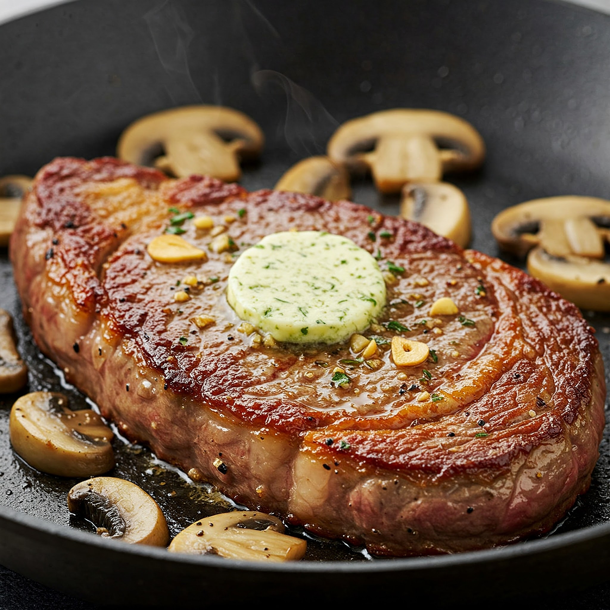 Pandestegt ribeye med hvidløgs-smør og smørstegte champignoner