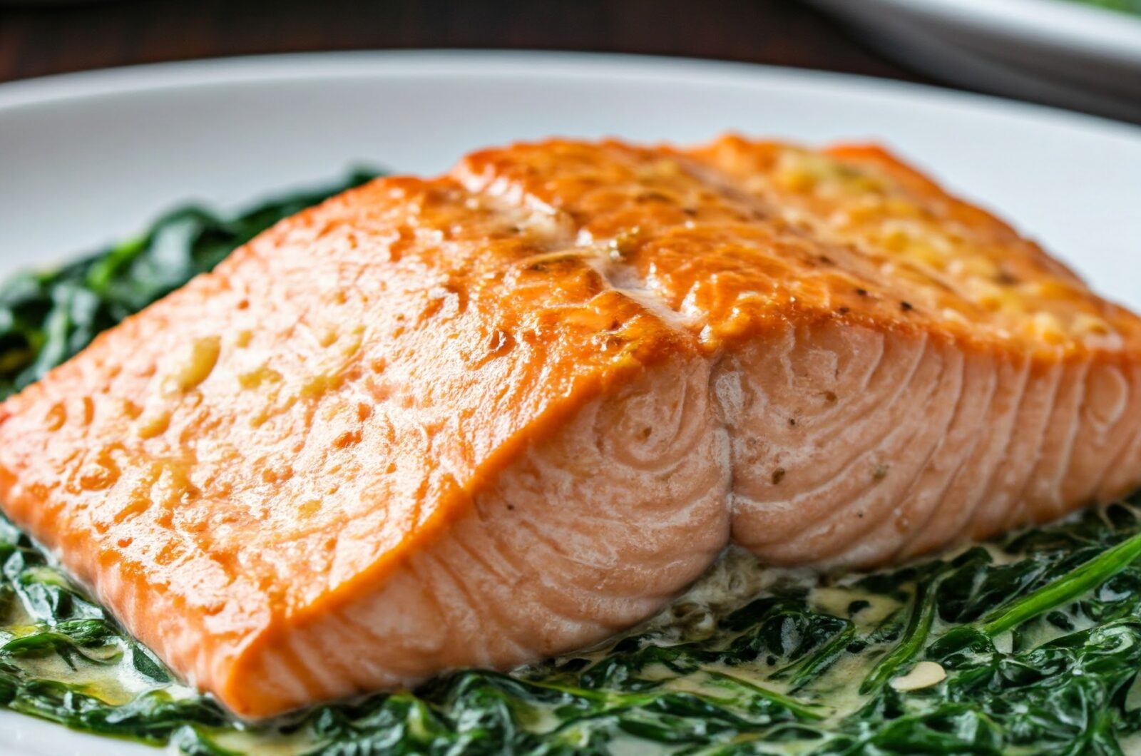 Bagt laks med cremet spinat og hvidløg