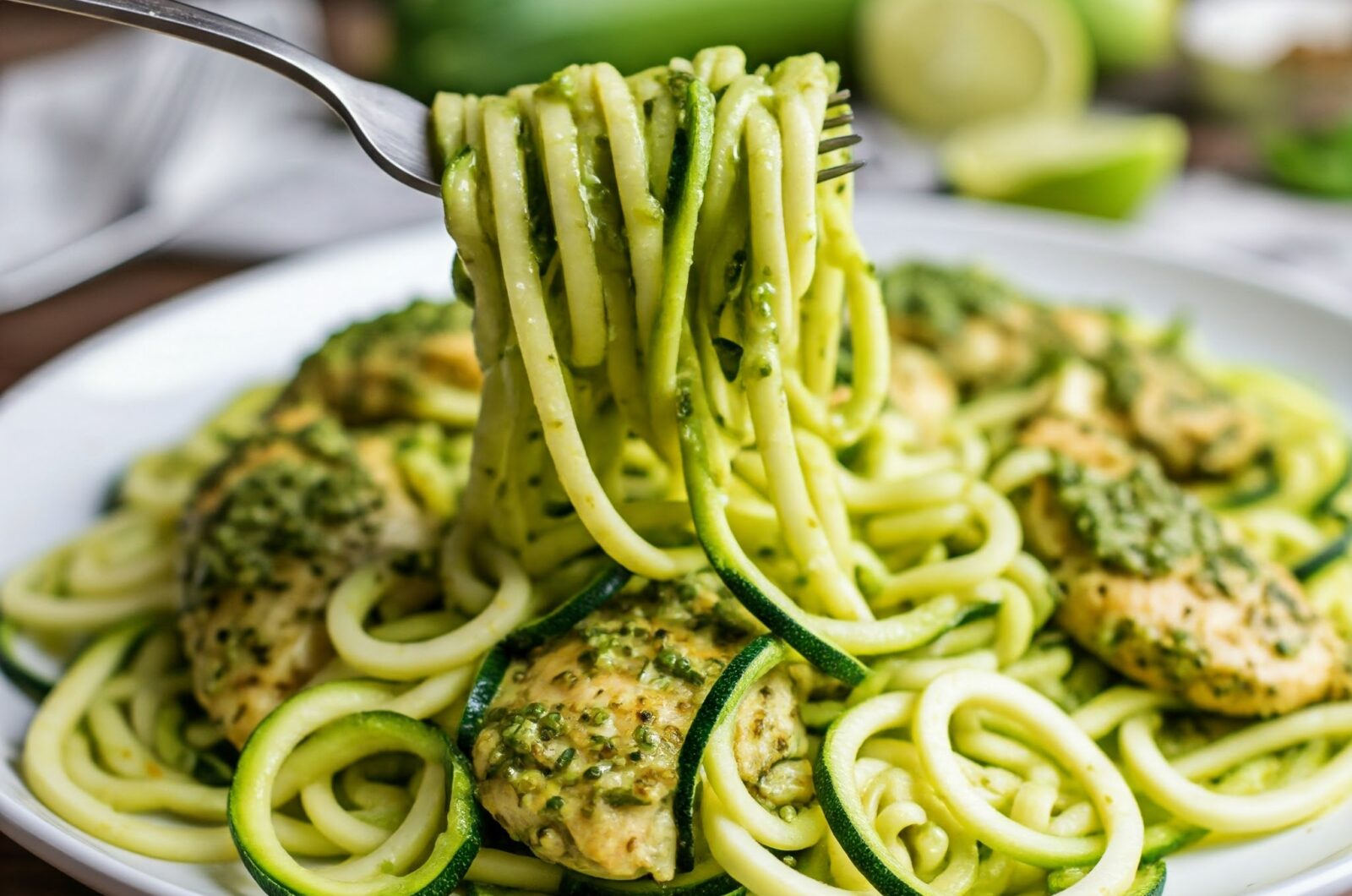 Zucchini-nudler med pesto og kylling