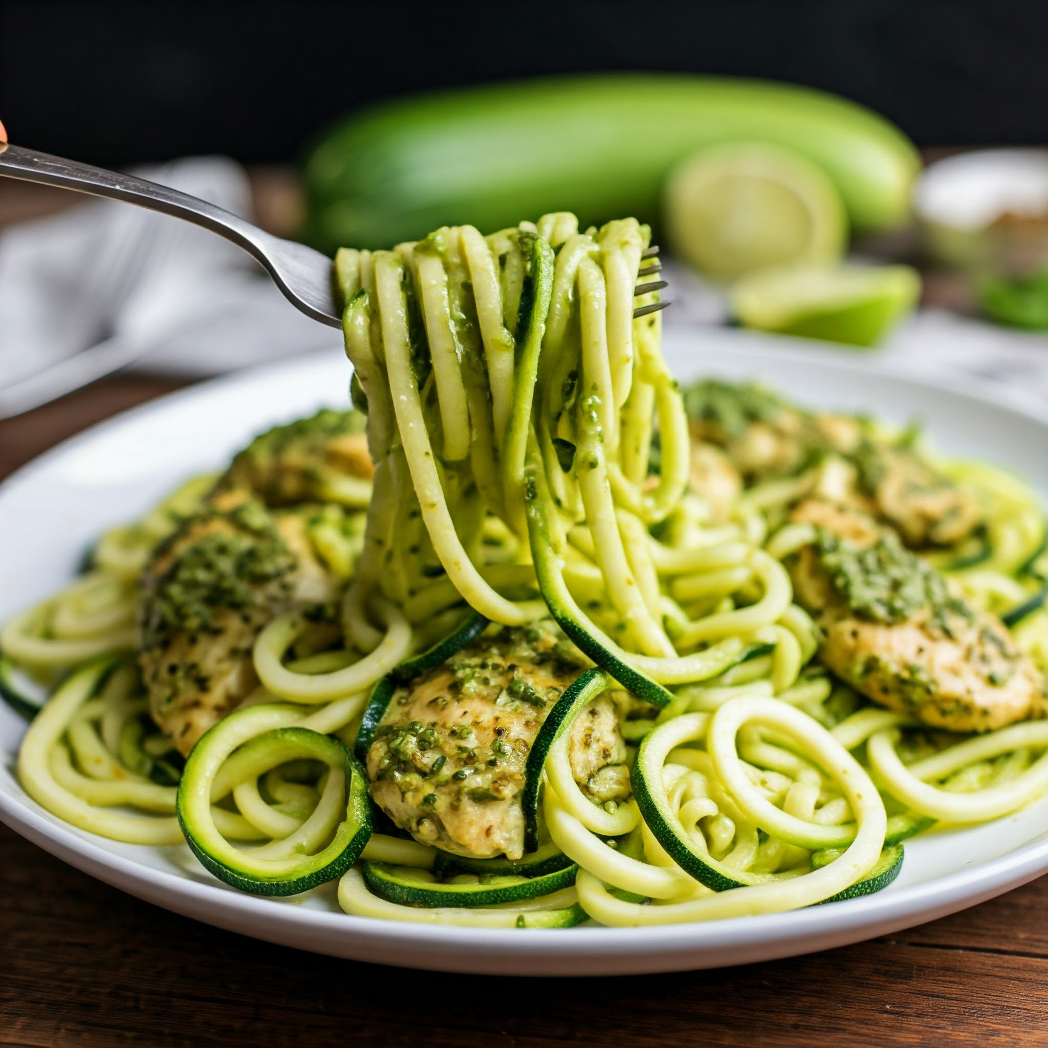 Zucchini-nudler med pesto og kylling