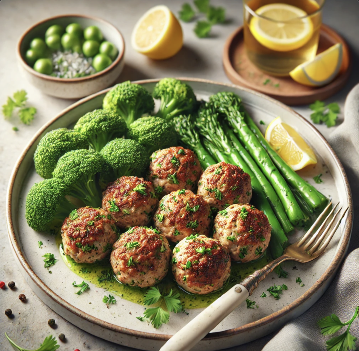 Kyllingefrikadeller med Urter og Damped Broccolini