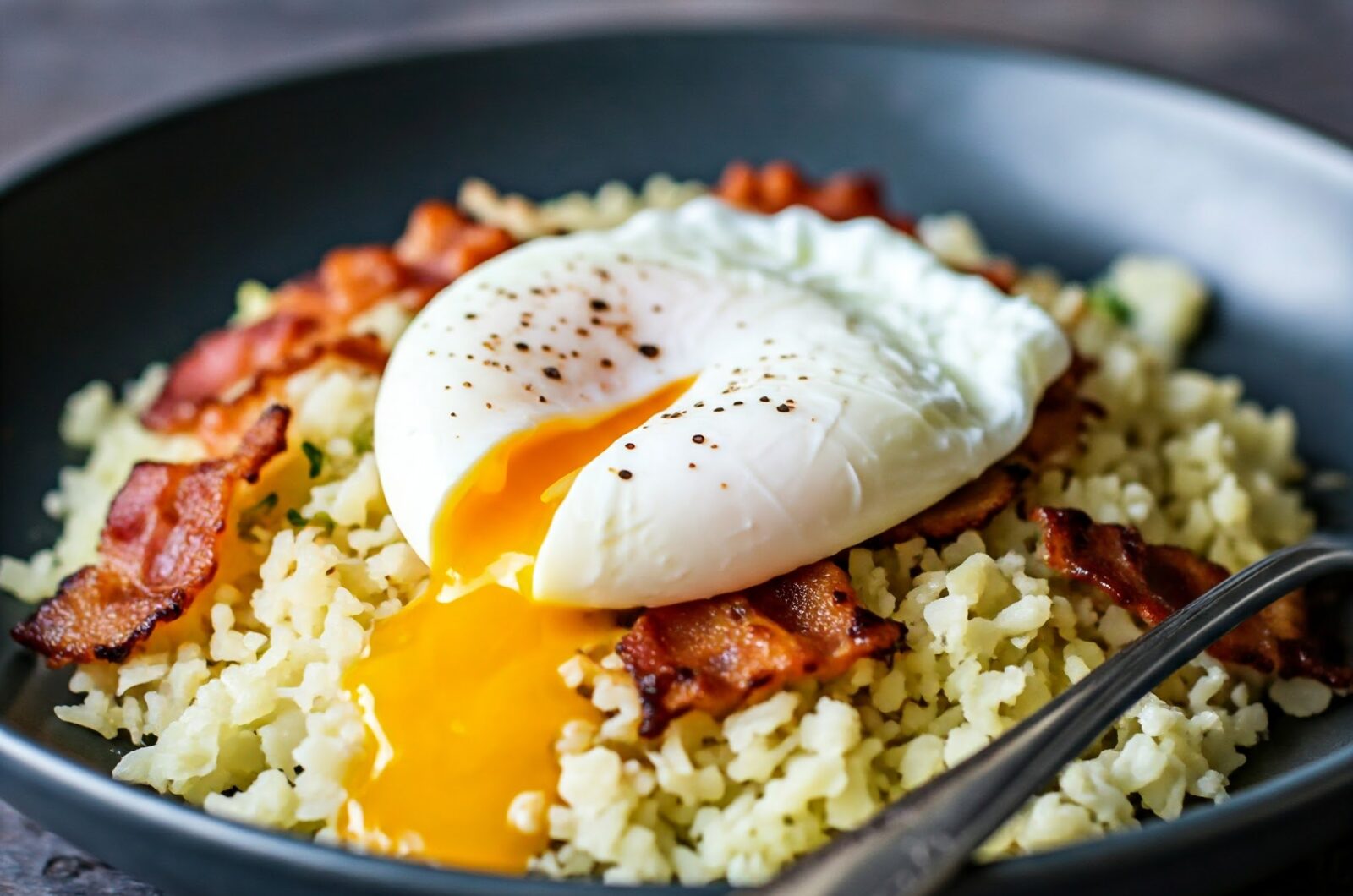 Stegte blomkålsris med bacon og æg