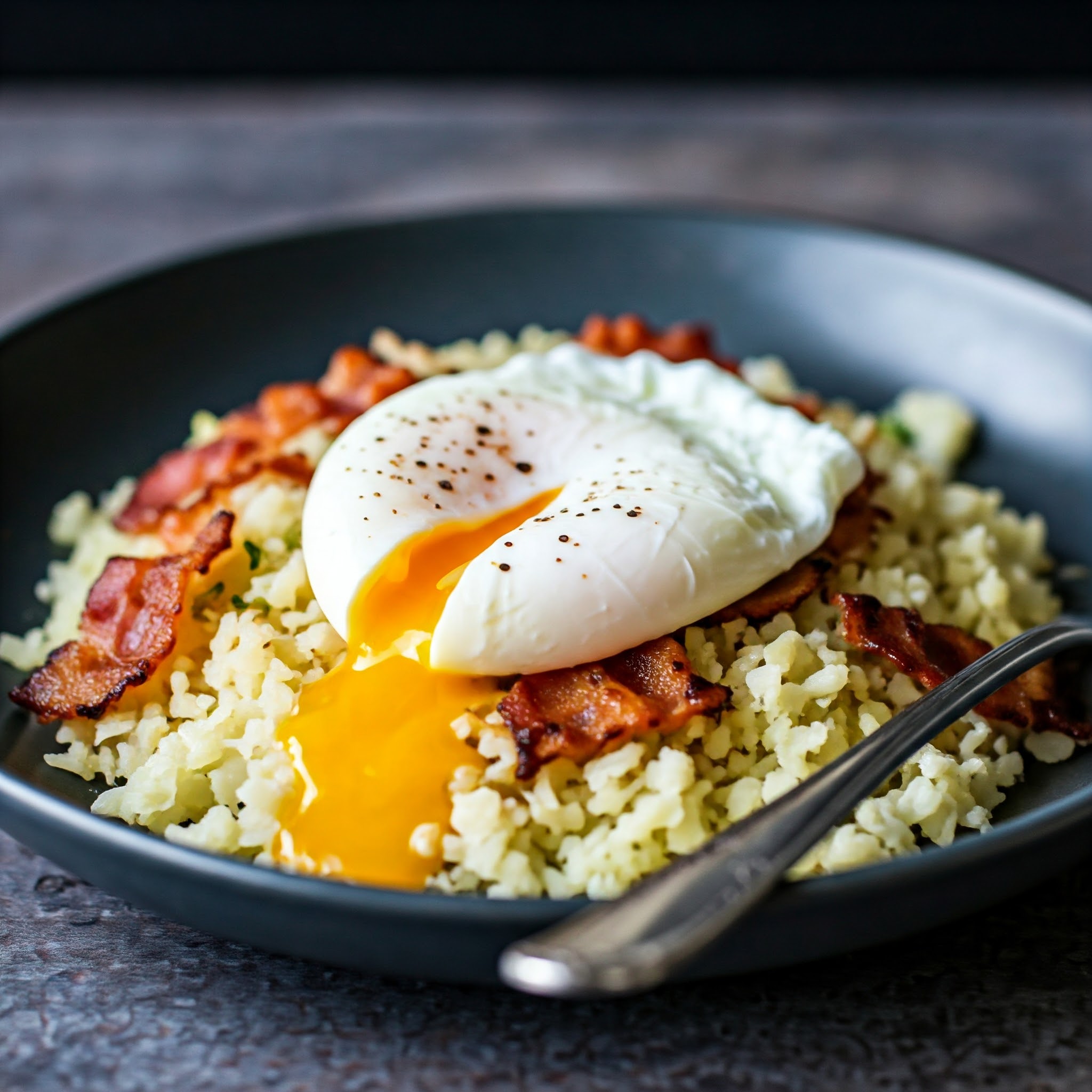 Stegte blomkålsris med bacon og æg