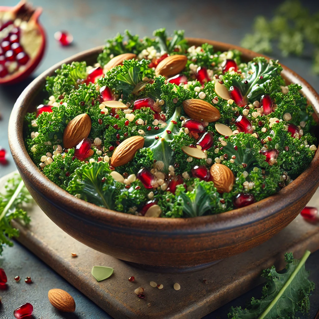 Grønkålssalat med Quinoa, Mandler og Granatæble