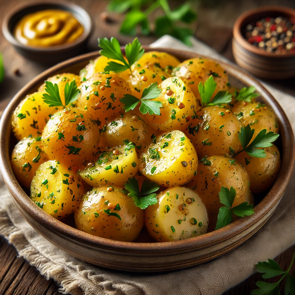 Lun kartoffelsalat med friske krydderurter og sennepsdressing