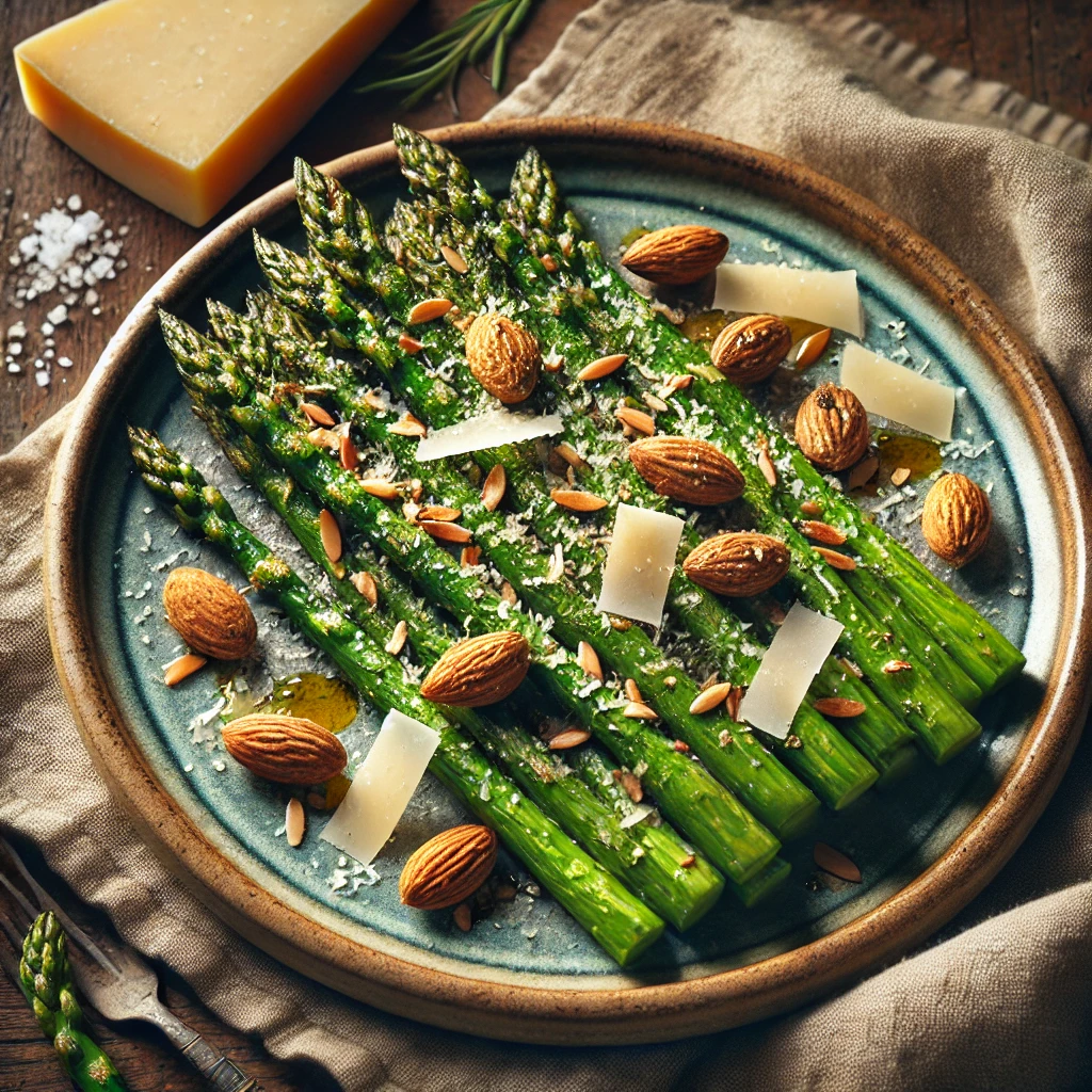 Grillede grønne asparges med parmesan og ristede mandler