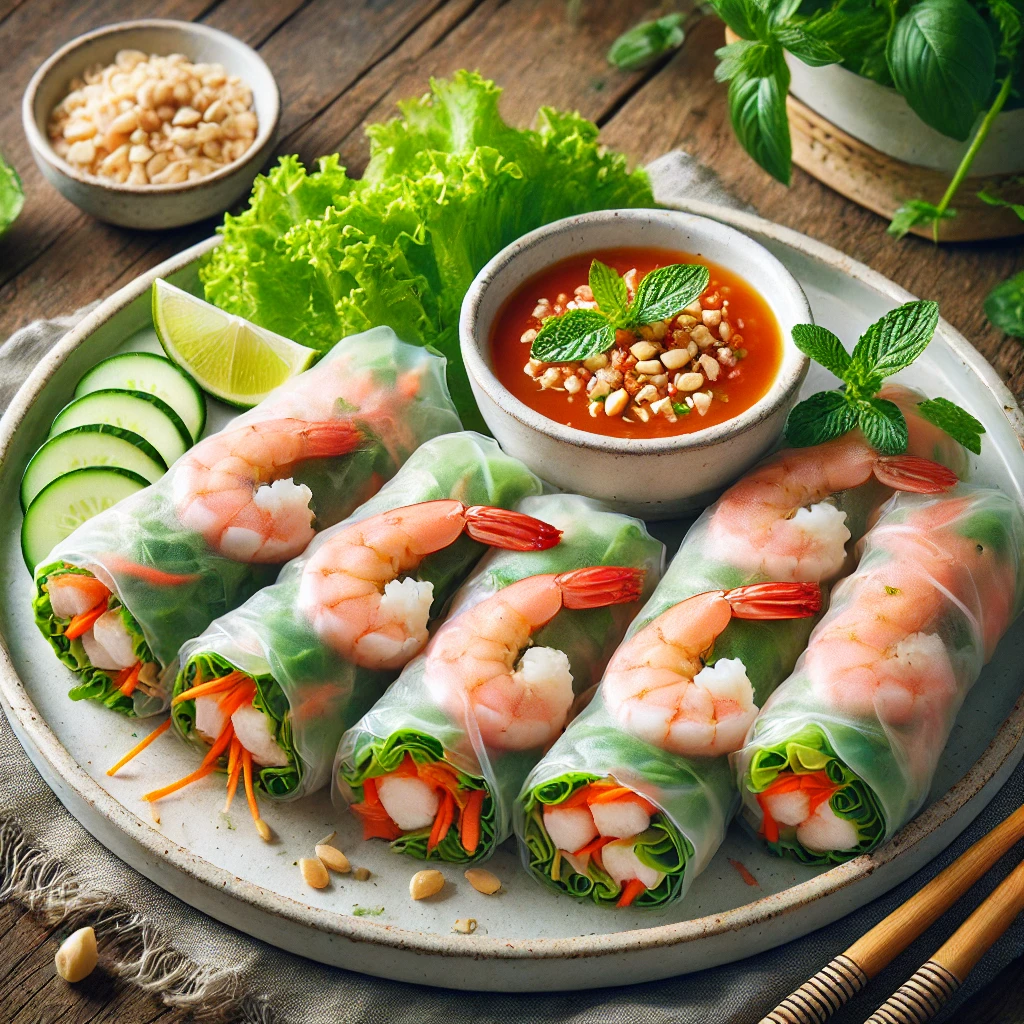 Friske vietnamesiske forårsruller med rejer og mynte