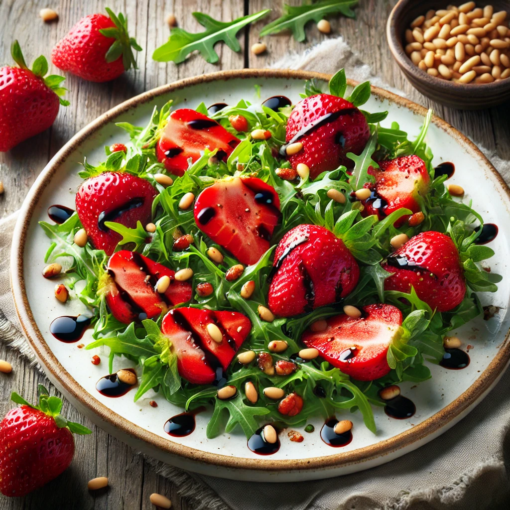 Jordbærsalat med rucola, balsamico og ristede pinjekerner