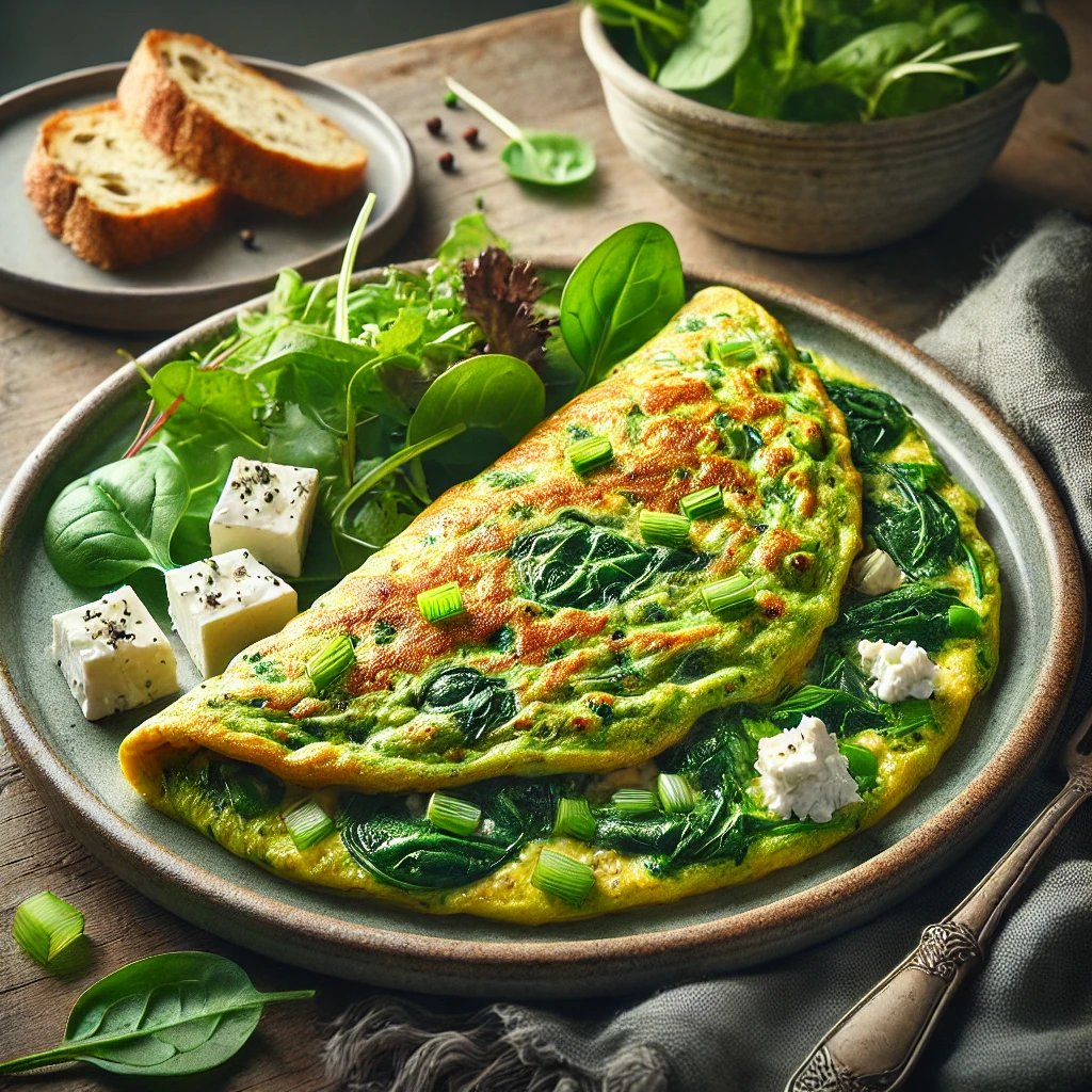 Grøn omelet med spinat, forårsløg og gedeost