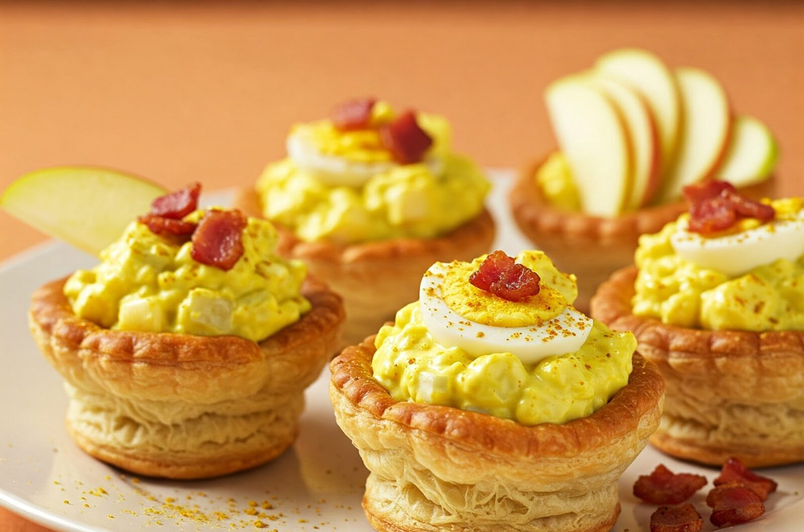 Æggesalat med karry, æble og sprødt bacon i butterdejsreder