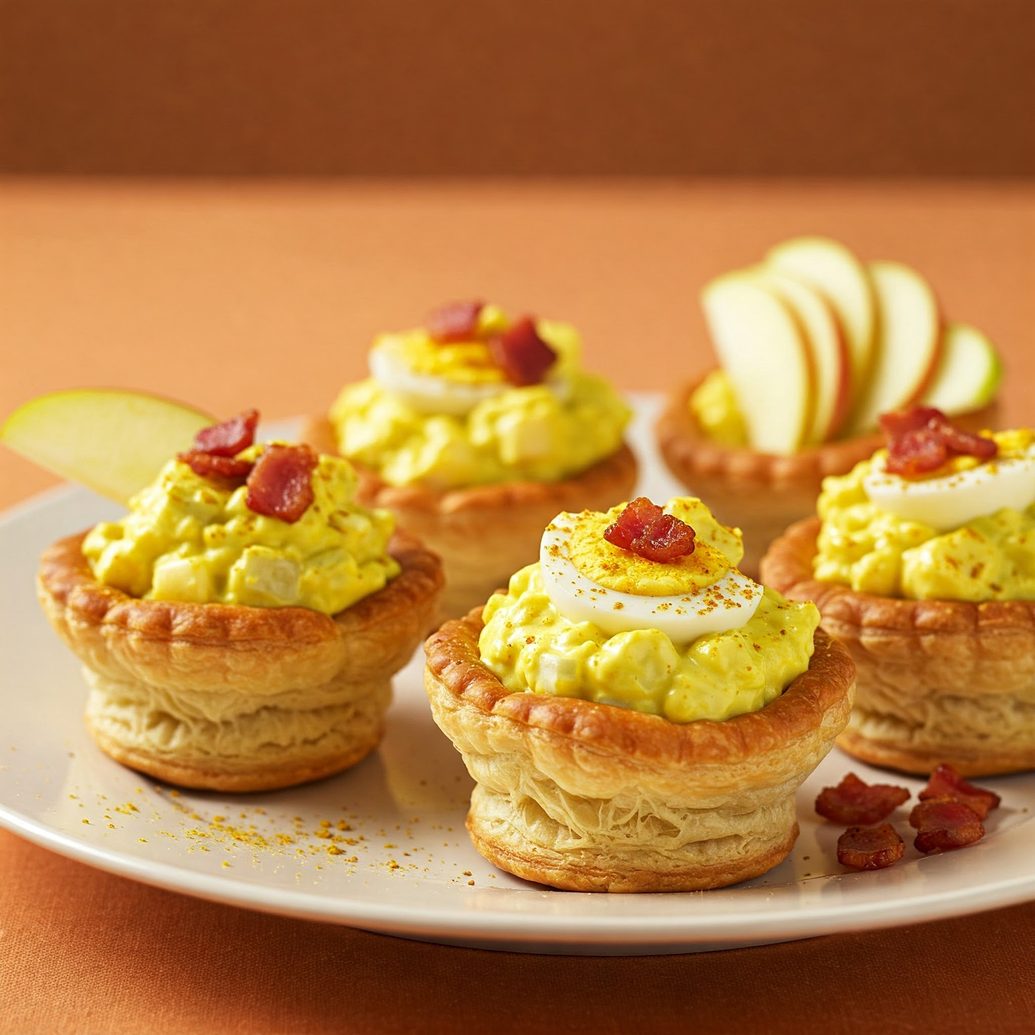 Æggesalat med karry, æble og sprødt bacon i butterdejsreder