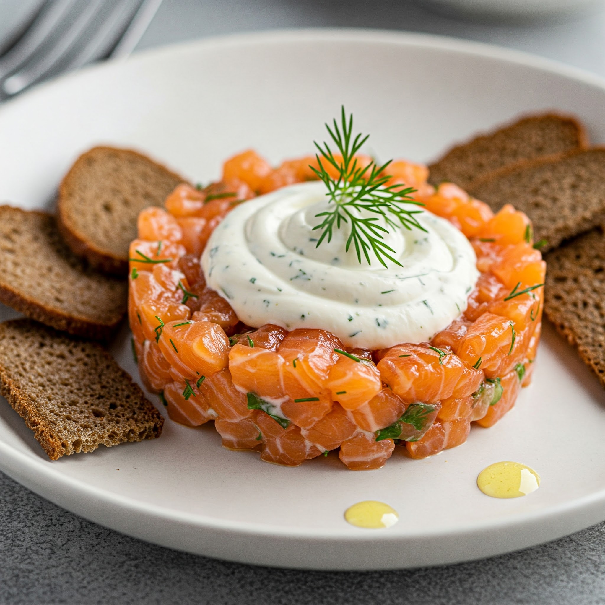 Laksetatar med dildcreme og rugbrødschips