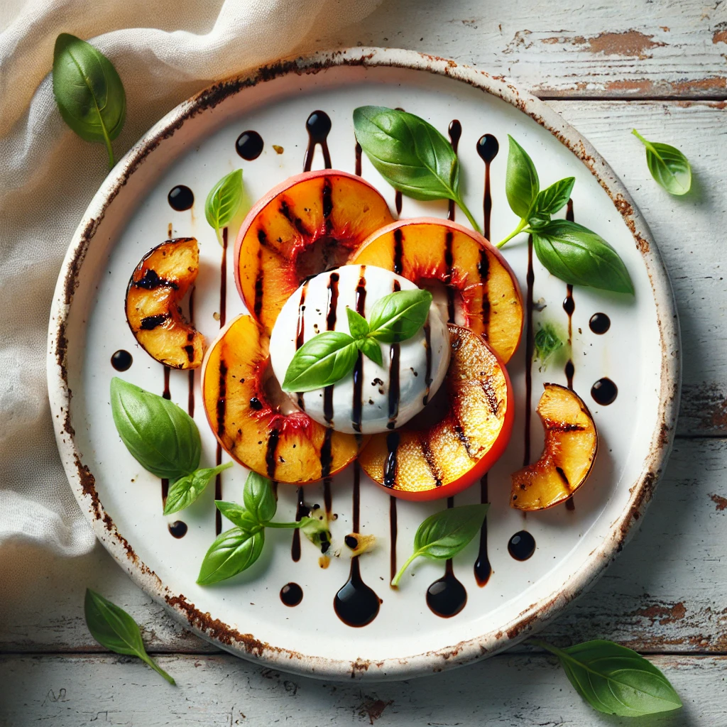 Grillet ferskensalat med burrata, basilikum og balsamico-glace