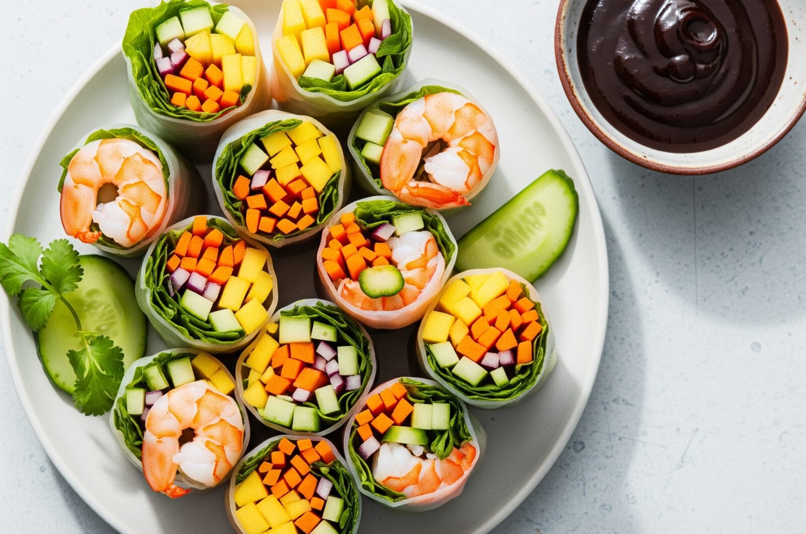 Rispapirruller med rejer, mango og hoisin-dip