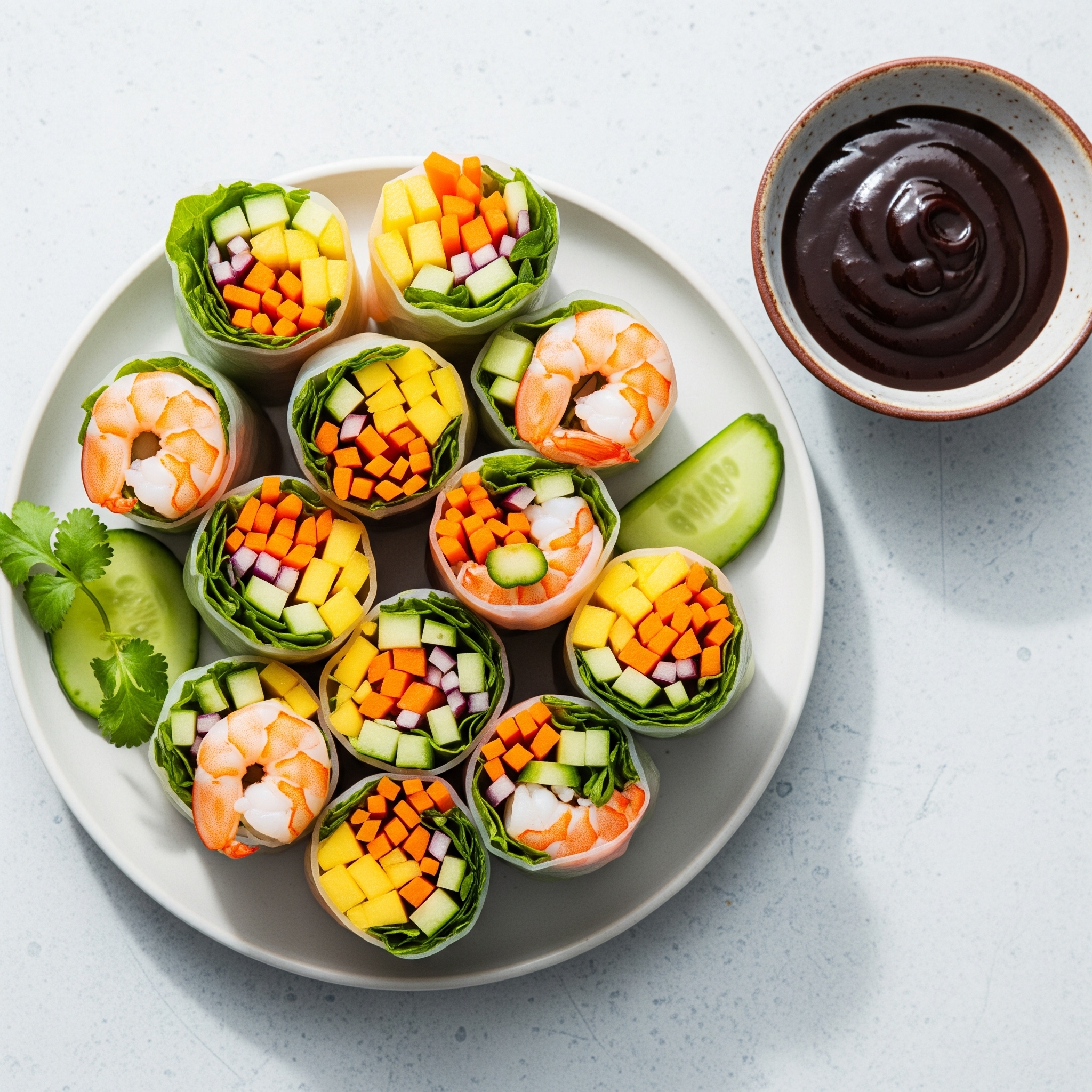 Rispapirruller med rejer, mango og hoisin-dip